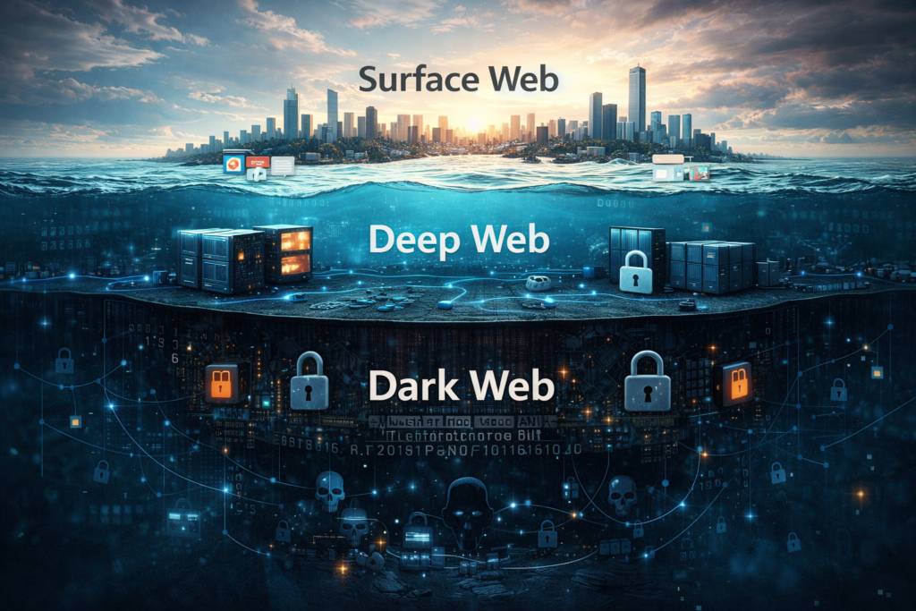 Internet layers showing surface web deep web and dark web with encrypted networks